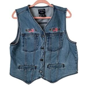 Vintage Denim Vest American Flag Star Embroidered Teacher Womens Large Cotton